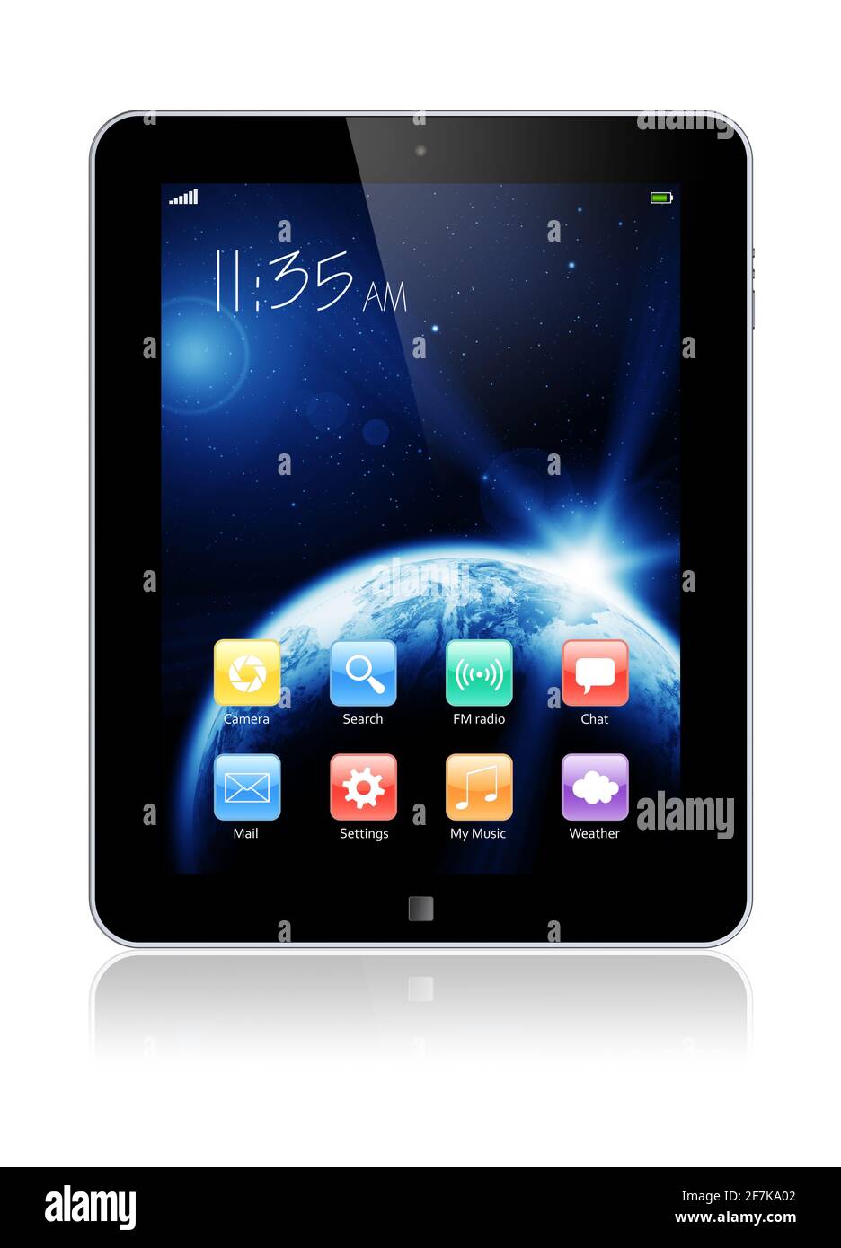 Tablet PC astratto con sfondo Space Dawn e app colorate su uno schermo. La texture terrestre di questa immagine fornita dalla NASA. (http://visibleearth.na Foto Stock