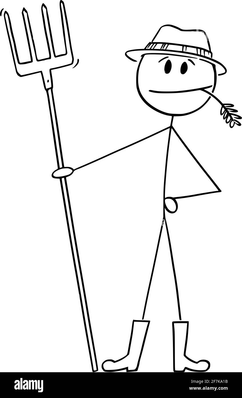 Coltivatore in piedi con forchetta masticare erba, Vector Cartoon Stick Figura Illustrazione Vettoriale
