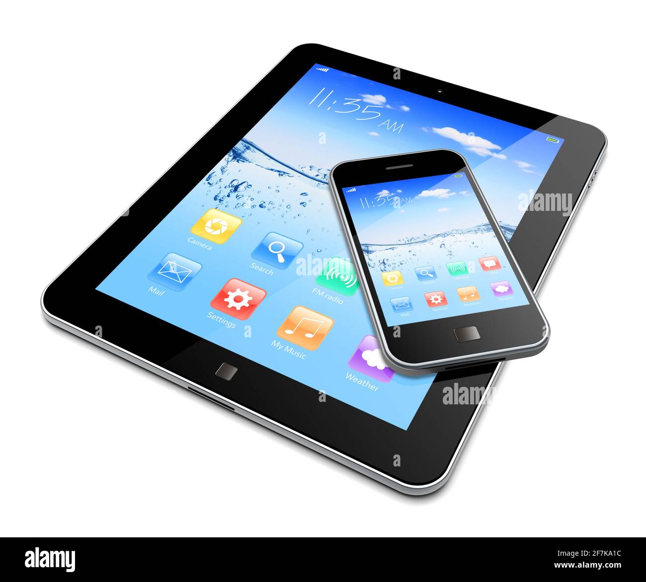 Tablet PC e smartphone mobile con sfondo e app Water WAVE su uno schermo. Foto Stock