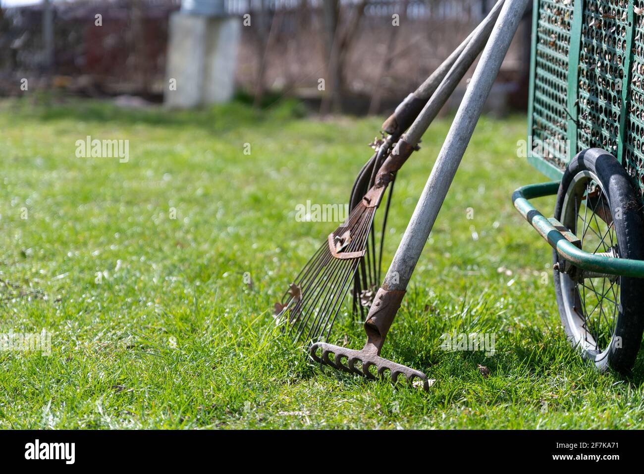 Attrezzi da giardino per la manutenzione del giardino, la pulizia della molla nel giardino, forchette, scopa per ventilatori, rastrelli e rastrelli per erba. Foto Stock