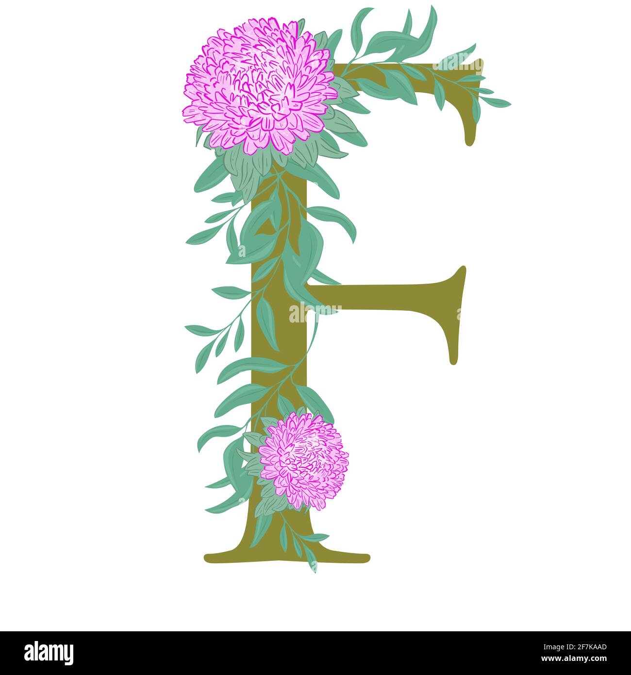 Lettera f, decorata con fiori e foglie. Lettera maiuscola con vivaci fiori rosa lussureggiante. Lettera in fiore dell'alfabeto, vettore. Illustrazione Vettoriale