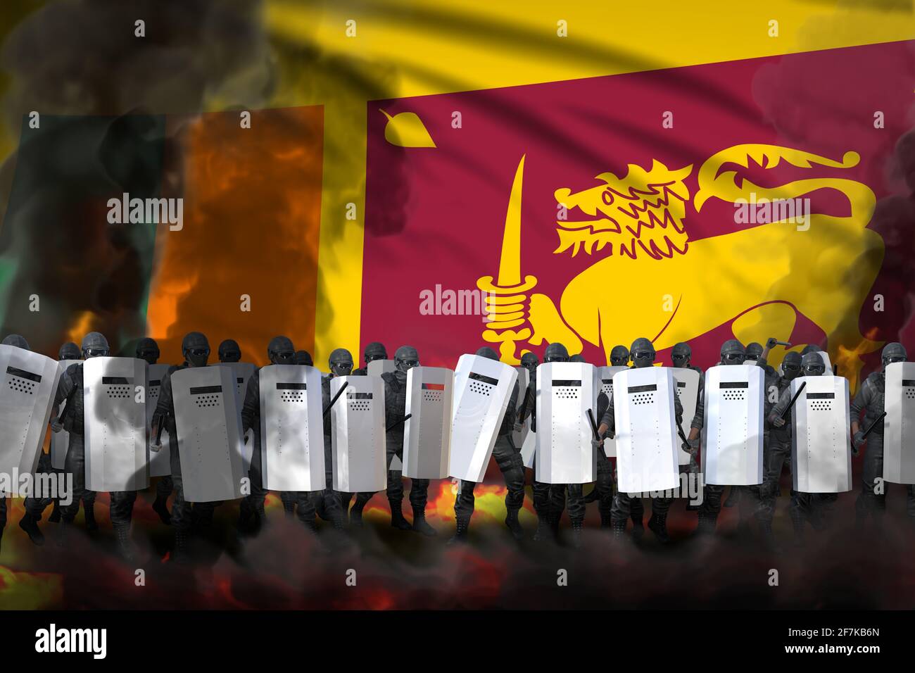 Sri Lanka protesta lotta concetto, agenti di polizia in fumo pesante e fuoco che protegge le persone pacifiche contro la rivolta - militare 3D Illustrazione sulla bandiera Foto Stock