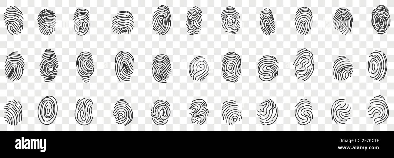 Impronte digitali personali identità doodle set. Raccolta di diverse impronte digitali umane disegnate a mano per identificare la persona o il passaporto o viaggiare isolati su sfondo trasparente Illustrazione Vettoriale