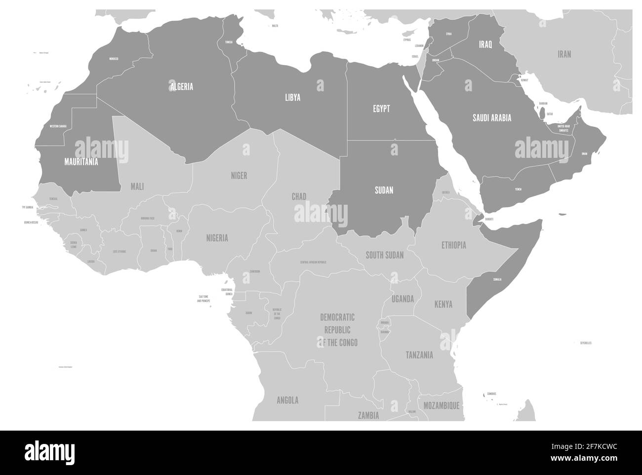 Mappa politica degli stati del mondo arabo con 22 paesi di lingua araba illuminati. Africa del Nord e Medio Oriente. Vettore Illustrazione Vettoriale