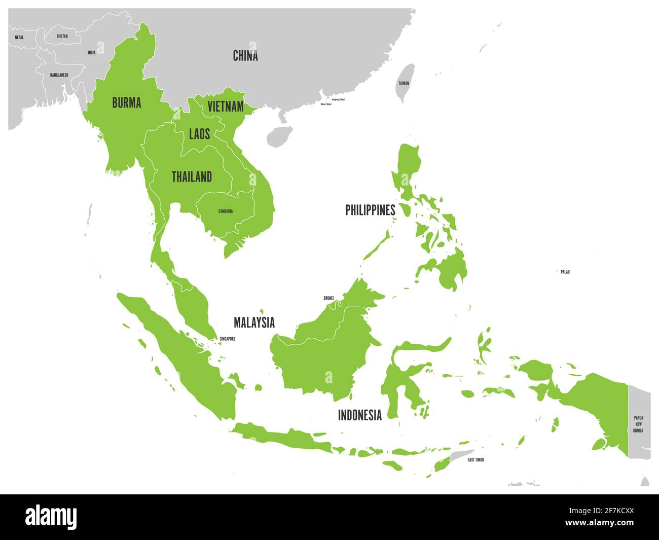 Comunità economica ASEAN, AEC, mappa. Mappa grigia con i paesi membri evidenziati in verde, Sud-est asiatico. Illustrazione vettoriale Illustrazione Vettoriale