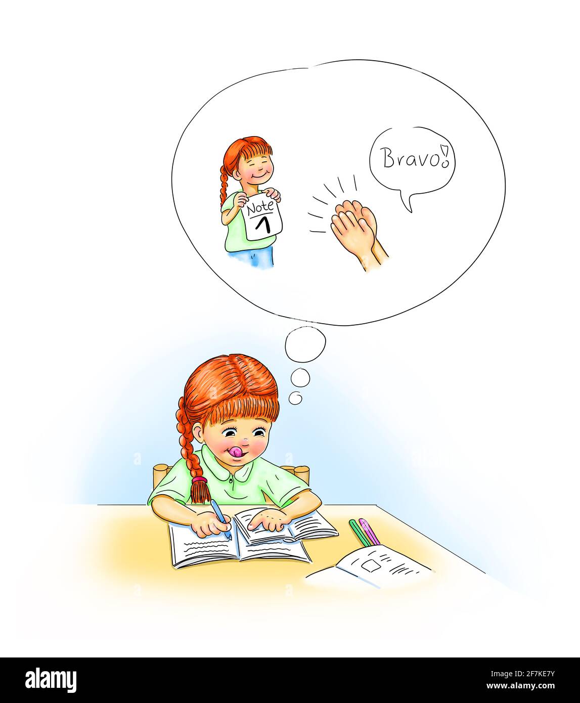 Ragazza studentessa si siede al tavolo con libri e graffette di fronte al suo lavoro. Bolla di pensiero. Motivata. Motivazione. Impara. Scrive. Legge duro. Foto Stock