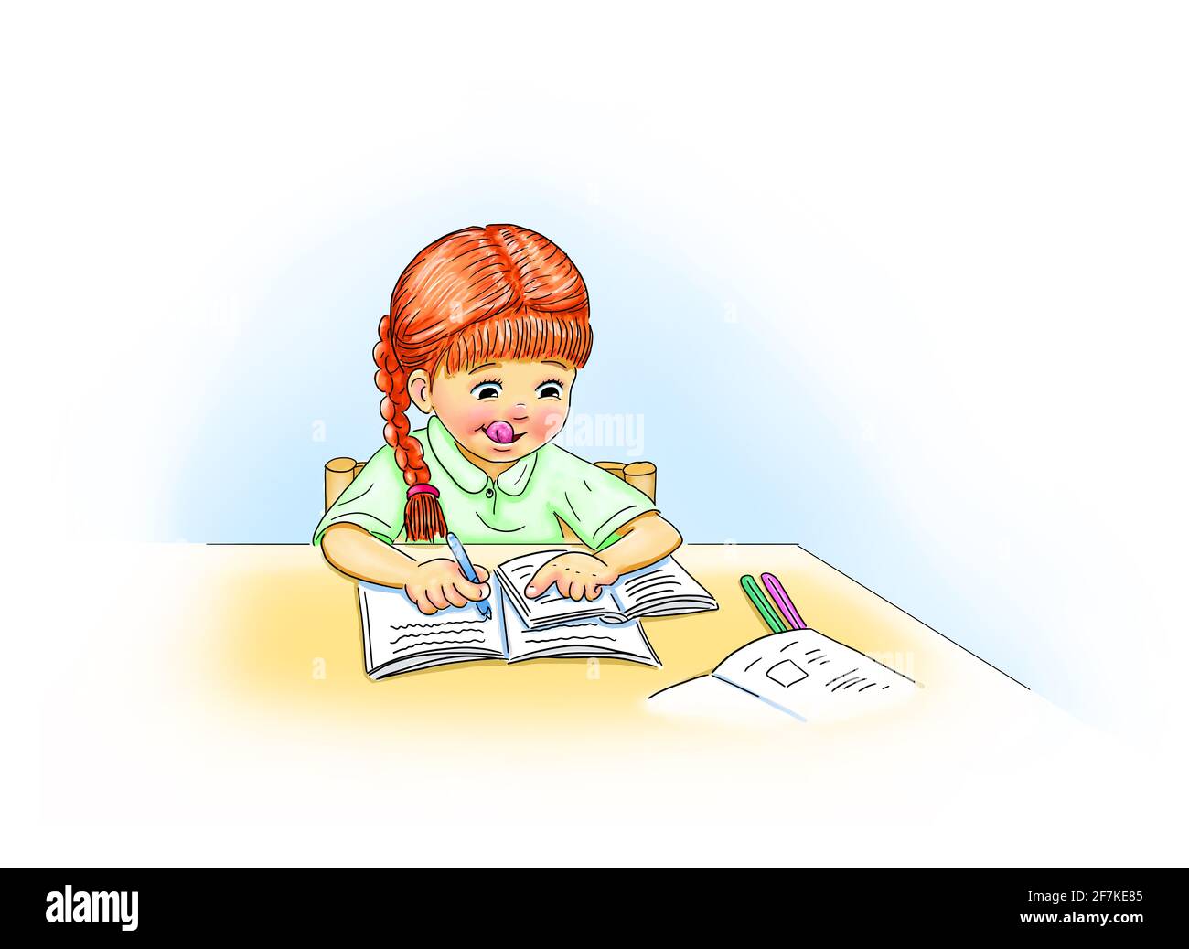 Bambina studentessa con pigtail siede al tavolo esercizio libri istruzione imparare materiale scuola compiti casa scuola imparare scrivere lavoro scolastico Foto Stock