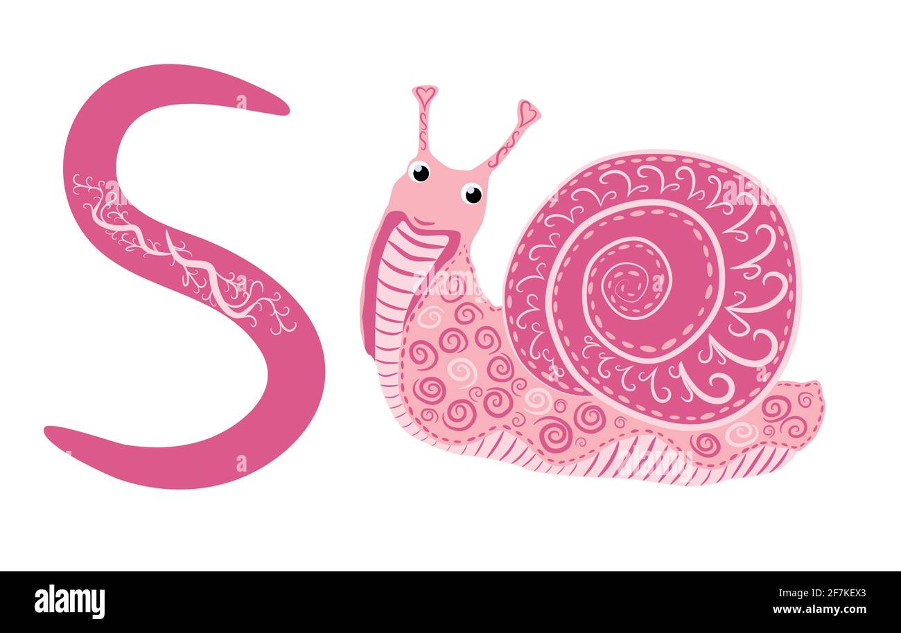 Letter S lowercase cute bambini colorato zoo e animali ABC La flashcard di traccia dell'alfabeto della lumaca colorata per i bambini che imparano l'inglese vocabolario e ha Illustrazione Vettoriale