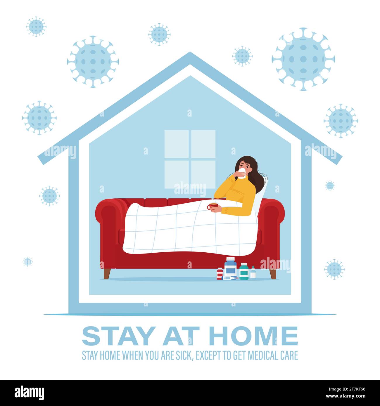 Concetto di coronavirus. Rimani a casa durante l'epidemia di coronavirus. Rimani a casa quando sei malato. Illustrazione vettoriale in stile piatto Illustrazione Vettoriale