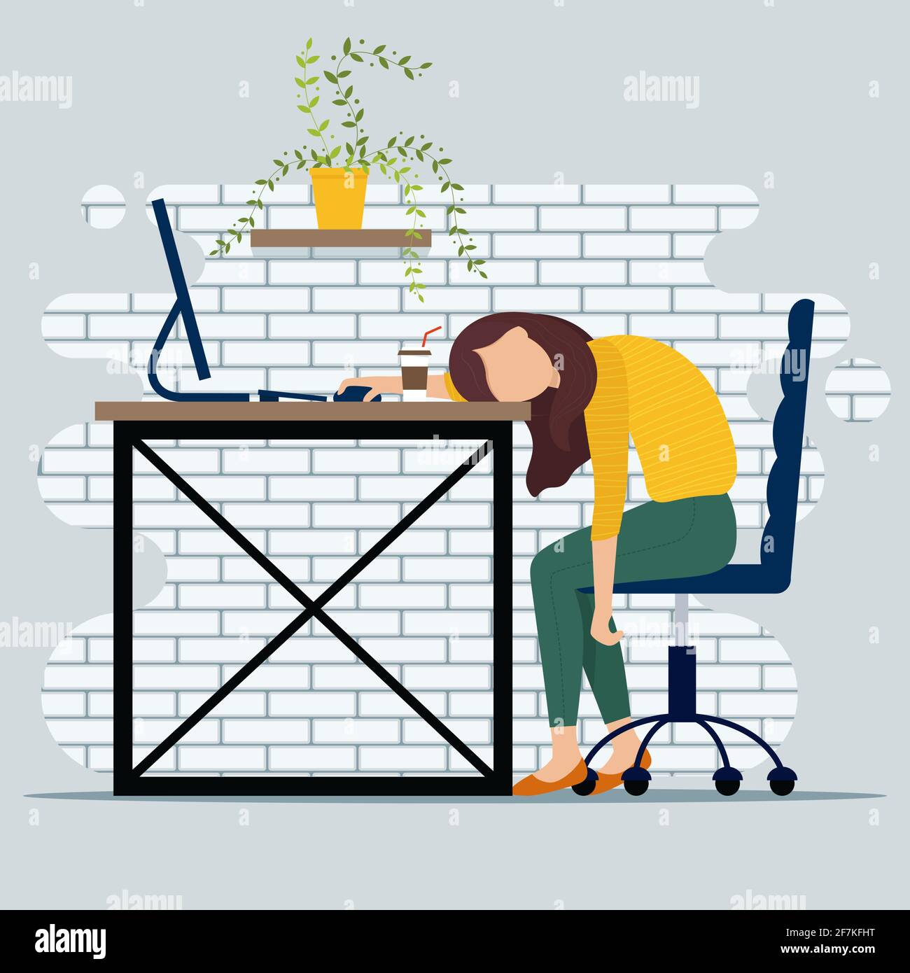 Illustrazione del concetto di Burnout con una lavoratrice d'ufficio esaurita seduto al tavolo. Lavoratore frustrato, problemi di salute mentale. Illustrazione vettoriale Illustrazione Vettoriale