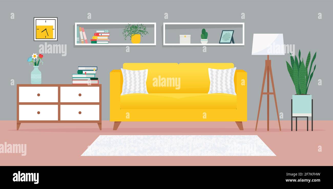 Accogliente soggiorno con divano e altri mobili. Illustrazione vettoriale in stile piatto, design interno Illustrazione Vettoriale