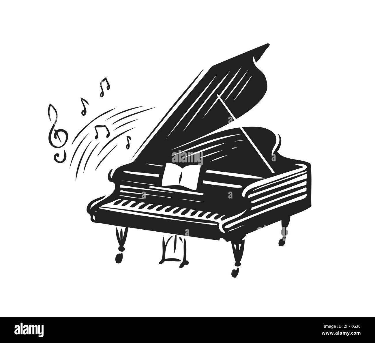 Pianoforte a coda disegnato a mano in stile schizzo. Illustrazione vettoriale dei simboli musicali Illustrazione Vettoriale