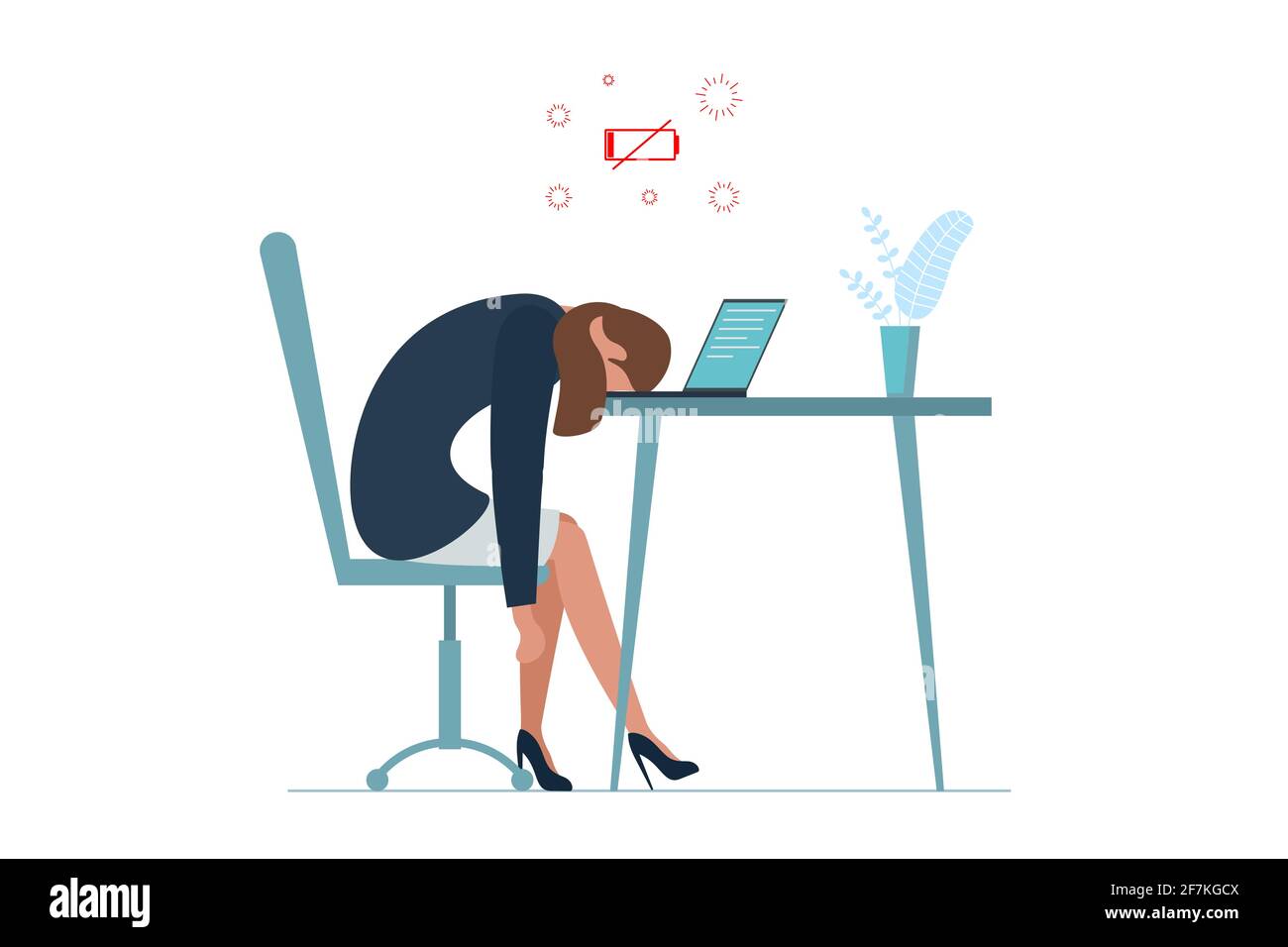 Sindrome di burnout professionale di donna d'affari. Esausta malata, stanca manager donna seduta con la testa giù sul laptop. Triste noiosa donna. Problemi di salute mentale dei lavoratori frustrati. Illustrazione di lavoro lunga Illustrazione Vettoriale