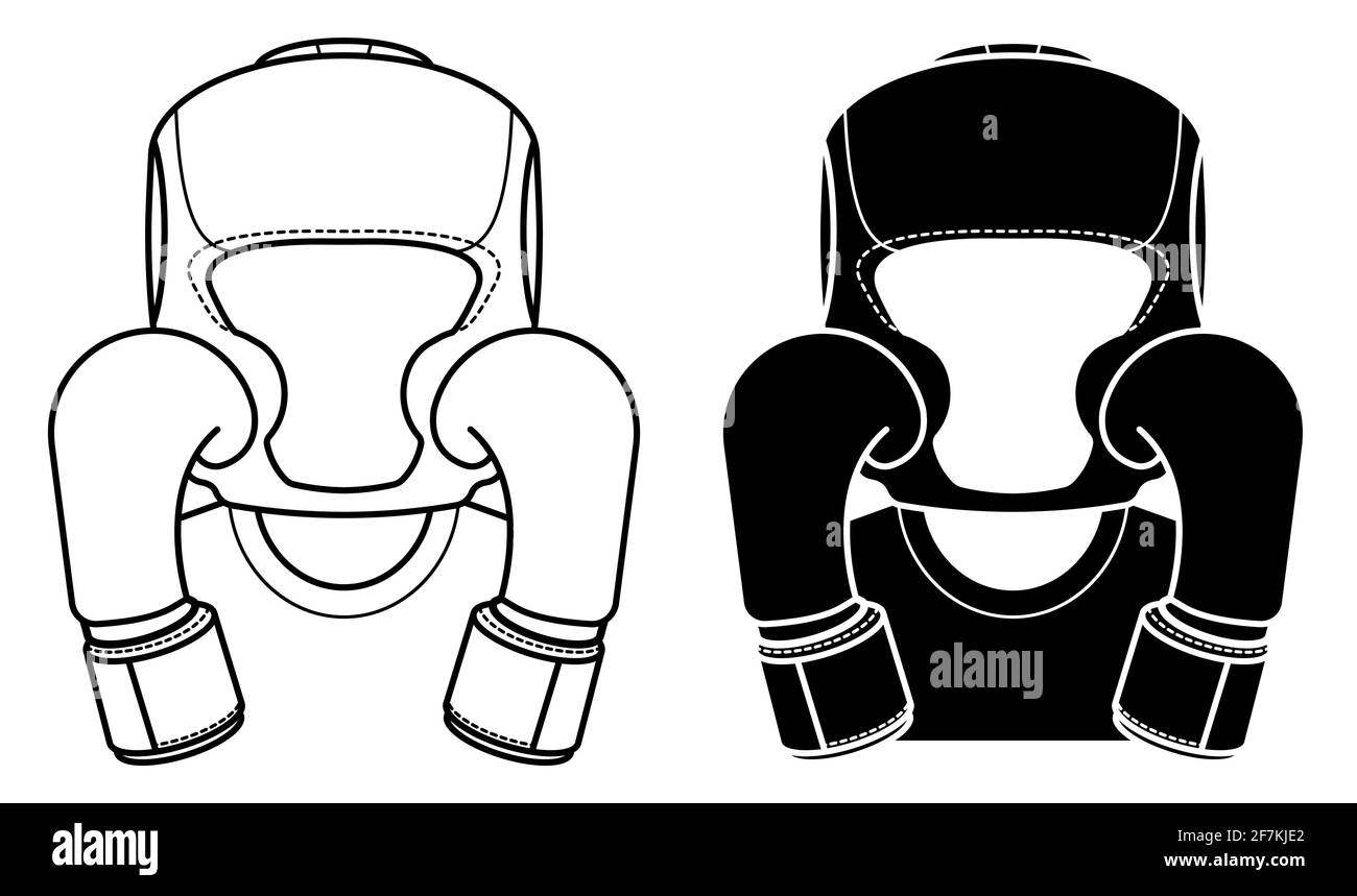 Atleta in protezioni casco di boxe copre faccia da essere colpito da pugni con guanti. Equipaggiamento protettivo di taekwondo, caccia al karate. Nero e bianco Illustrazione Vettoriale Atleta in protezioni casco di boxe copre faccia da essere colpito da pugni con guanti. Equipaggiamento protettivo di taekwondo, caccia al karate. Nero e bianco Illustrazione Vettoriale