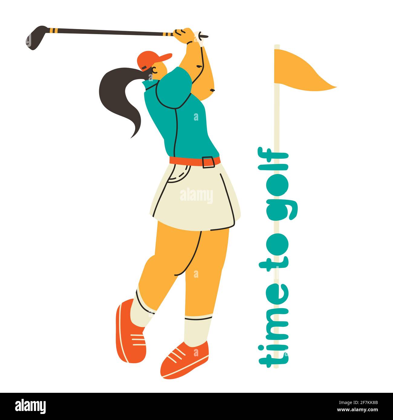 Giocatore di golf isolato. Tempo di golf, scritta disegnata a mano. Donna che gioca a golf. Illustrazione vettoriale di un carattere in uno stile di tendenza sproporzionata Illustrazione Vettoriale