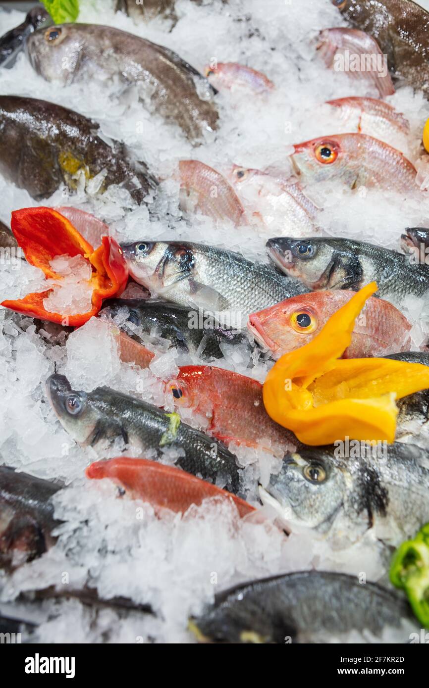 supermarket fishmonger con pesce fresco. Foto Stock
