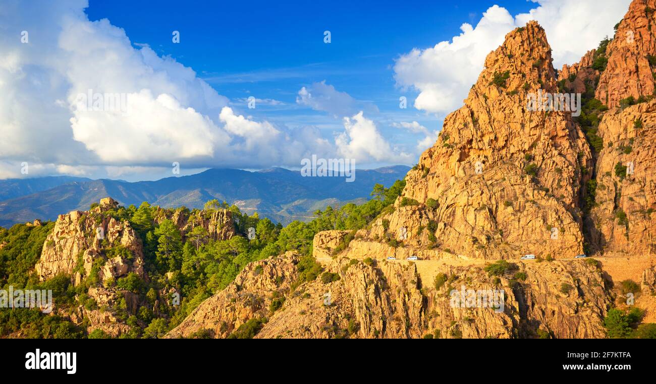 Les Calanches, formazioni rocciose rosse vulcaniche, Golfe de Porto, piana, UNESCO, Costa Ovest, Isola di Corsica, Francia Foto Stock