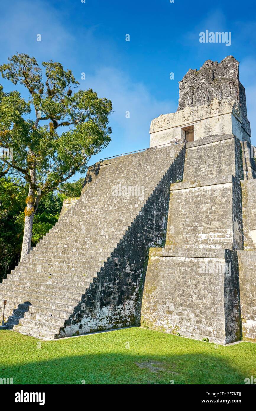 Tempio delle maschere, El Peten, Grand Plaza, Parco Nazionale Tikal, Guatemala Foto Stock