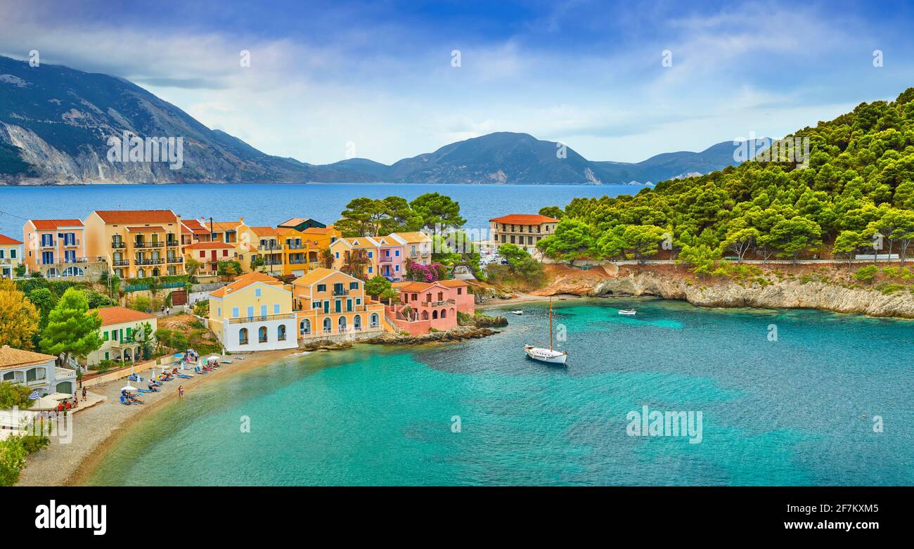 Assos village, l'isola di Cefalonia, Grecia Foto Stock