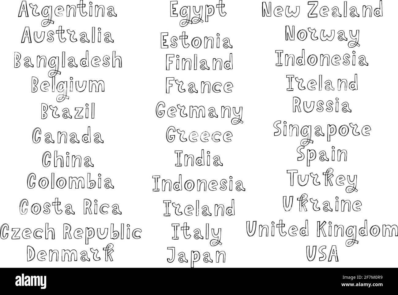 I nomi dei paesi del mondo. Città europee. Lettera a mano Illustrazione Vettoriale