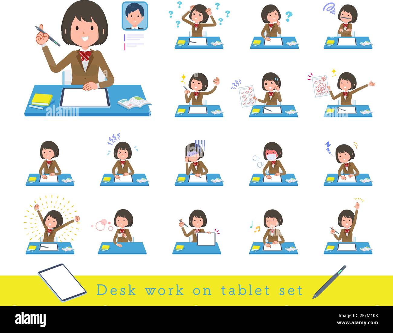Un set di studentesse che studiano su un tablet.è arte vettoriale così facile da modificare. Illustrazione Vettoriale