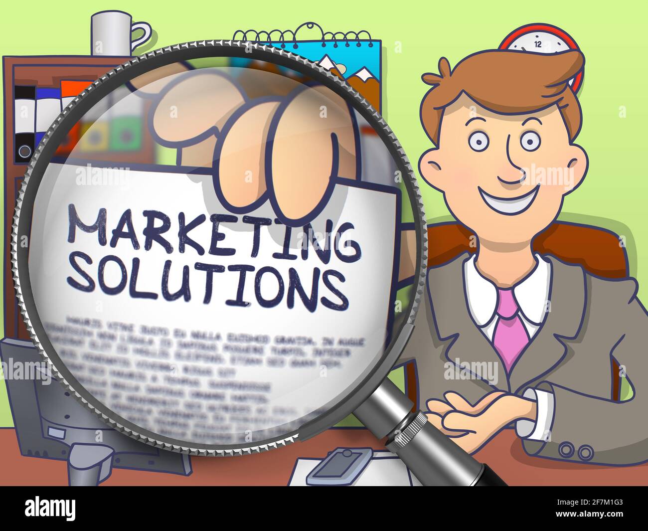 Soluzioni di marketing su carta nella mano dell'uomo attraverso Magnifier per illustrare un concetto di business. Illustrazione della linea moderna colorata in stile Doodle. Foto Stock