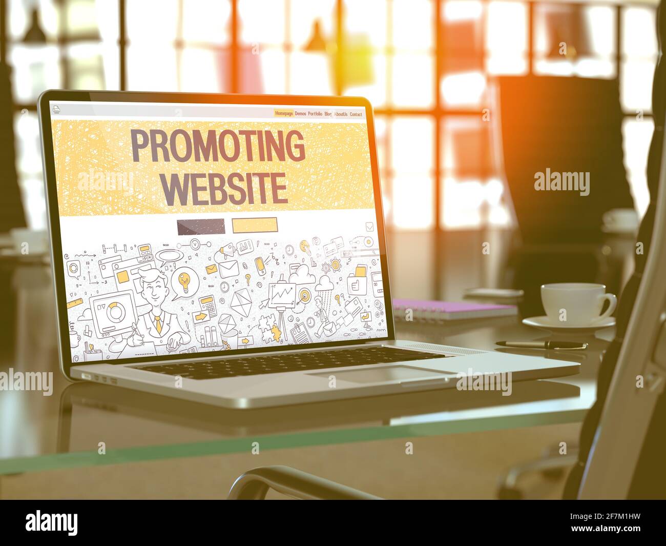 Promozione del concetto di sito Web - Chioseup sulla landing page dello schermo del notebook in un ambiente di lavoro moderno. Immagine tonata con messa a fuoco selettiva. Rendering 3D. Foto Stock