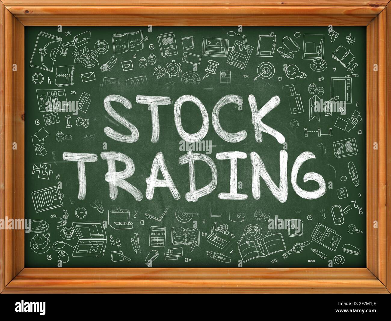 Stock Trading - scritto a mano Inscription da Chalk su Green Chalkboard con Doodle icone intorno. Stile moderno con icone Doodle Design. Stock Trading sullo sfondo di Green Chalkboard con bordo di legno. Foto Stock