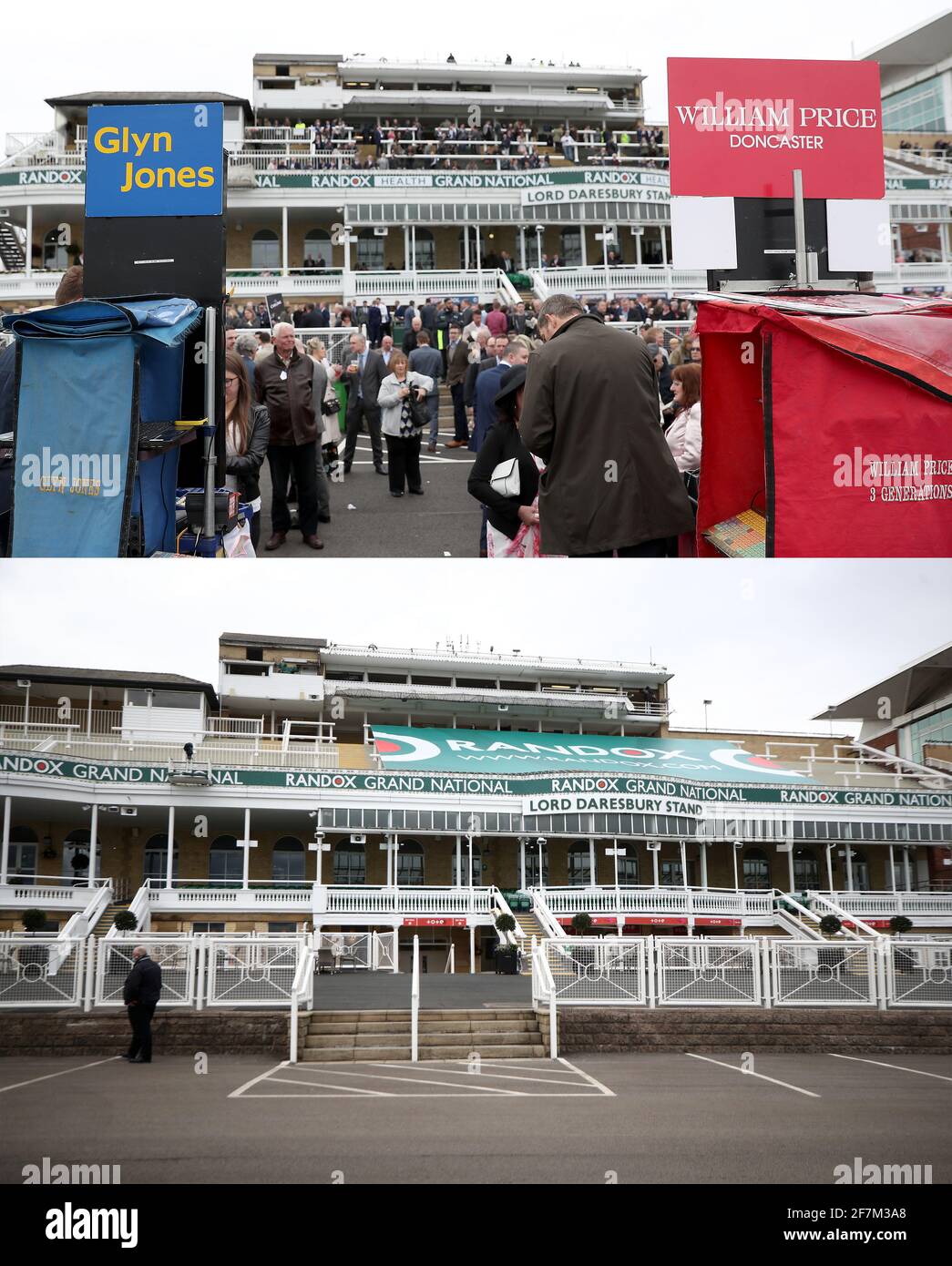 Foto composita datata 06-04-2017 (in alto) dei corridori che piazzano le loro scommesse e 08-04-2021 (in basso) di un concorso di scommesse vuoto e stand durante il Randox Health Grand National Festival presso l'ippodromo di Aintree, Liverpool. Data immagine: Giovedì 8 aprile 2021. Foto Stock