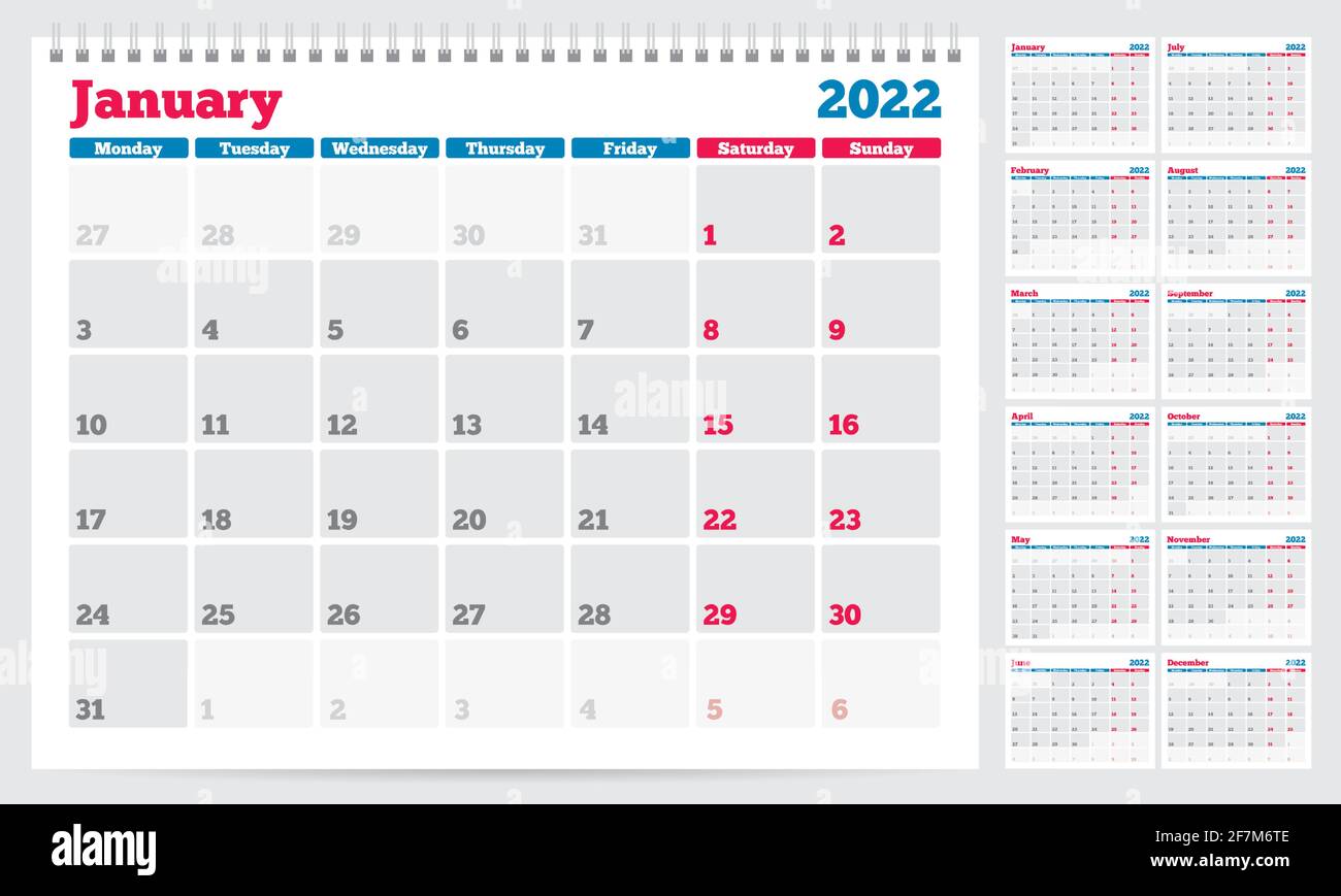 Modello pianificatore calendario 2022. La settimana inizia il lunedì. Set di 12 mesi. Illustrazione vettoriale Illustrazione Vettoriale