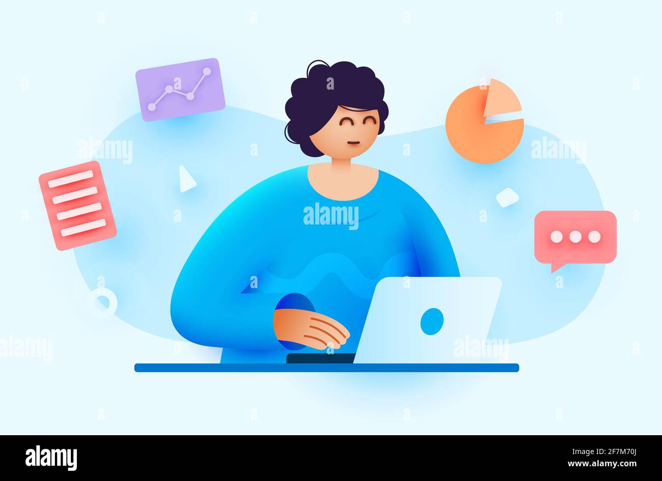 Donna lavora utilizzando un computer. Il telecomando funziona utilizzando un computer portatile. Concetto di contabilità e analisi. Illustrazione vettoriale Illustrazione Vettoriale