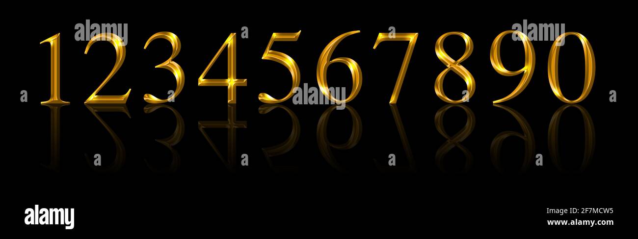 Numeri d'oro, da uno a zero su nero. Dieci numeri dorati, metallizzati scintillanti e tridimensionali con riflessi. Foto Stock