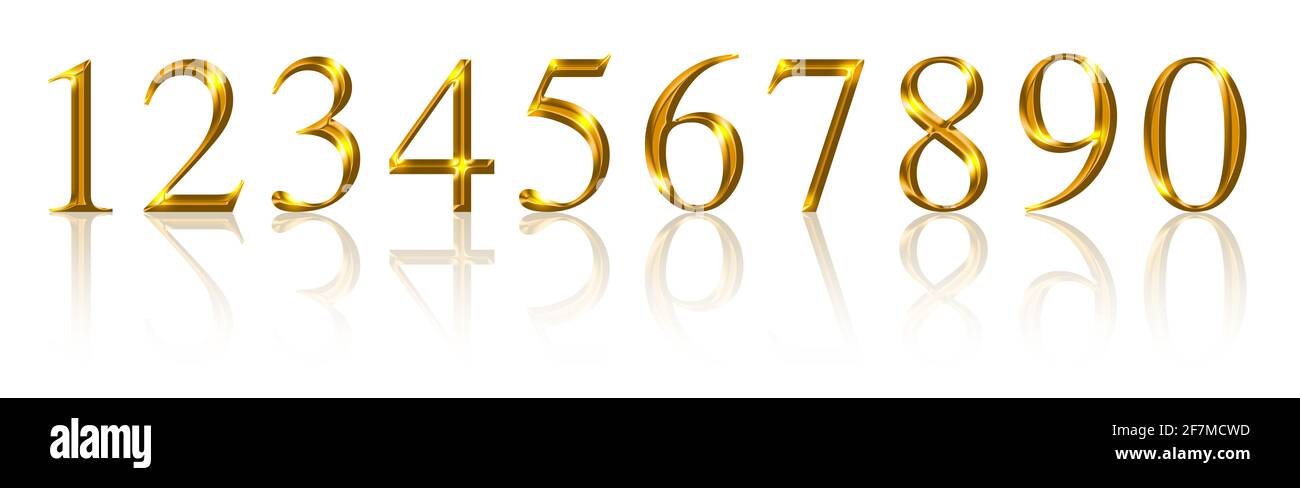 Numeri d'oro, da uno a zero su bianco. Dieci numeri dorati, metallizzati scintillanti e tridimensionali con riflessi. Foto Stock