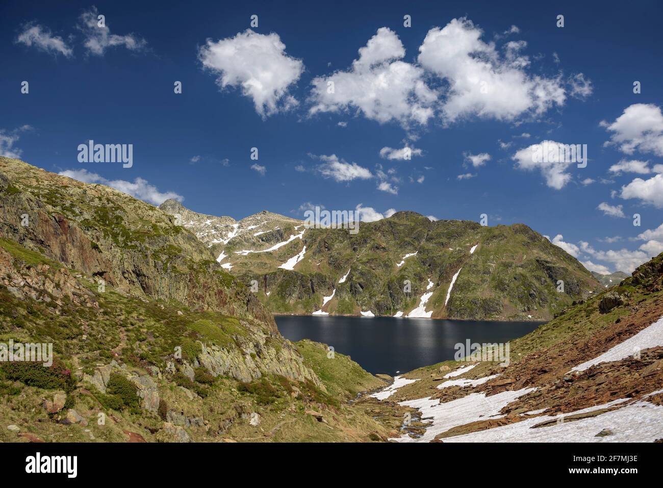 Lago di Certascan, nei Pirenei catalani in estate. (Alt Pirineu Parco Naturale, Catalogna, Spagna, Pirenei) ESP: Estany (lago) de Certascan en verano Foto Stock