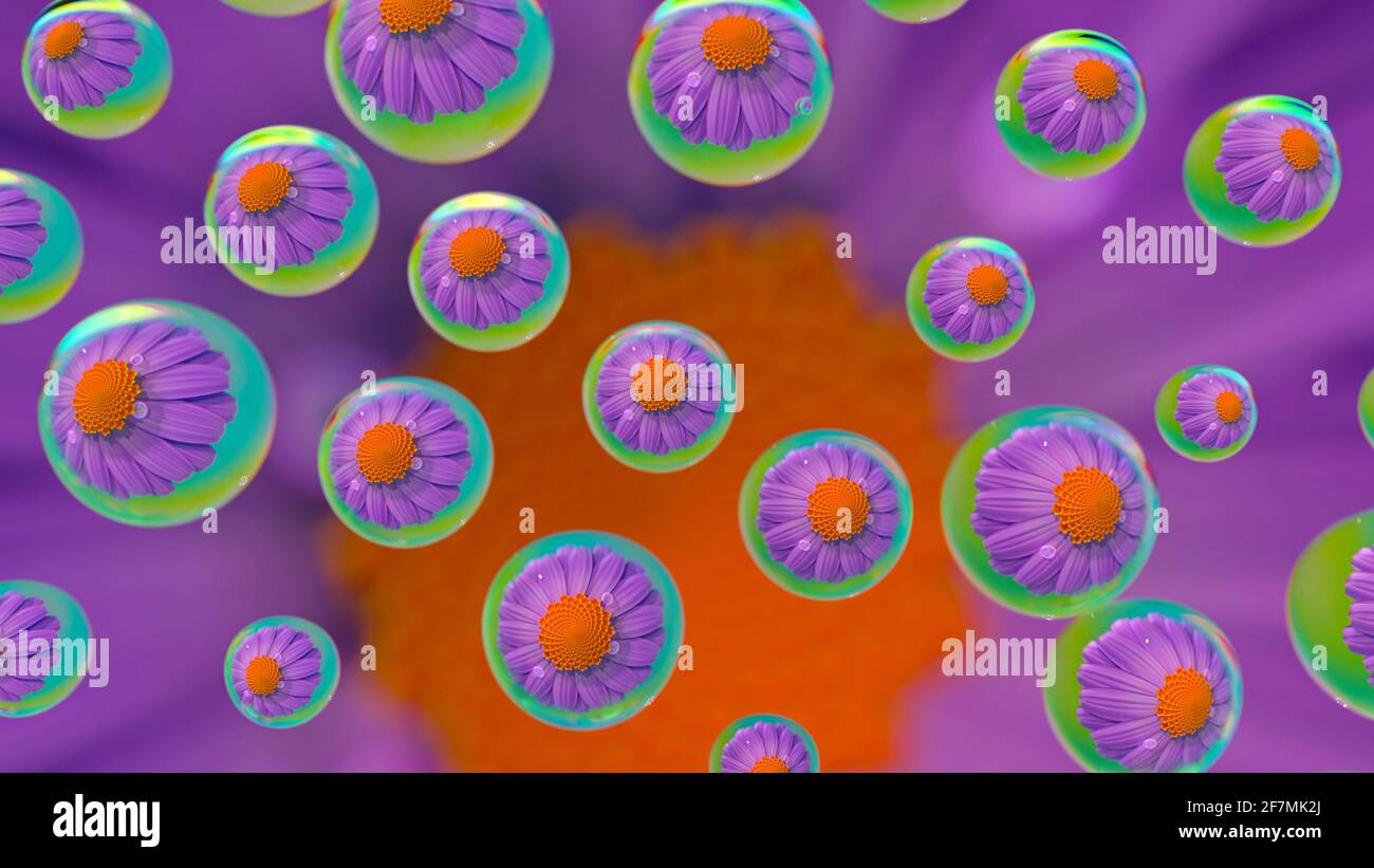 Natura: Un bel fiore rifratto in gocce, rendering 3D Foto Stock