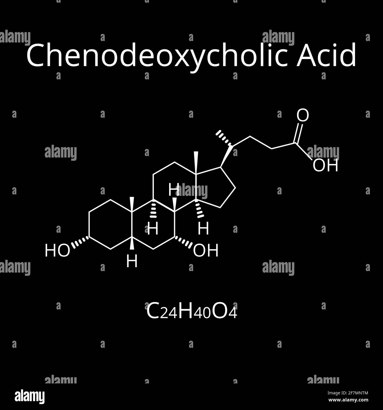 Acido chenodesossicolico. Acido biliare. Formula chimica molecolare acido chenodesossicolico. Illustrazione vettoriale su sfondo isolato Illustrazione Vettoriale