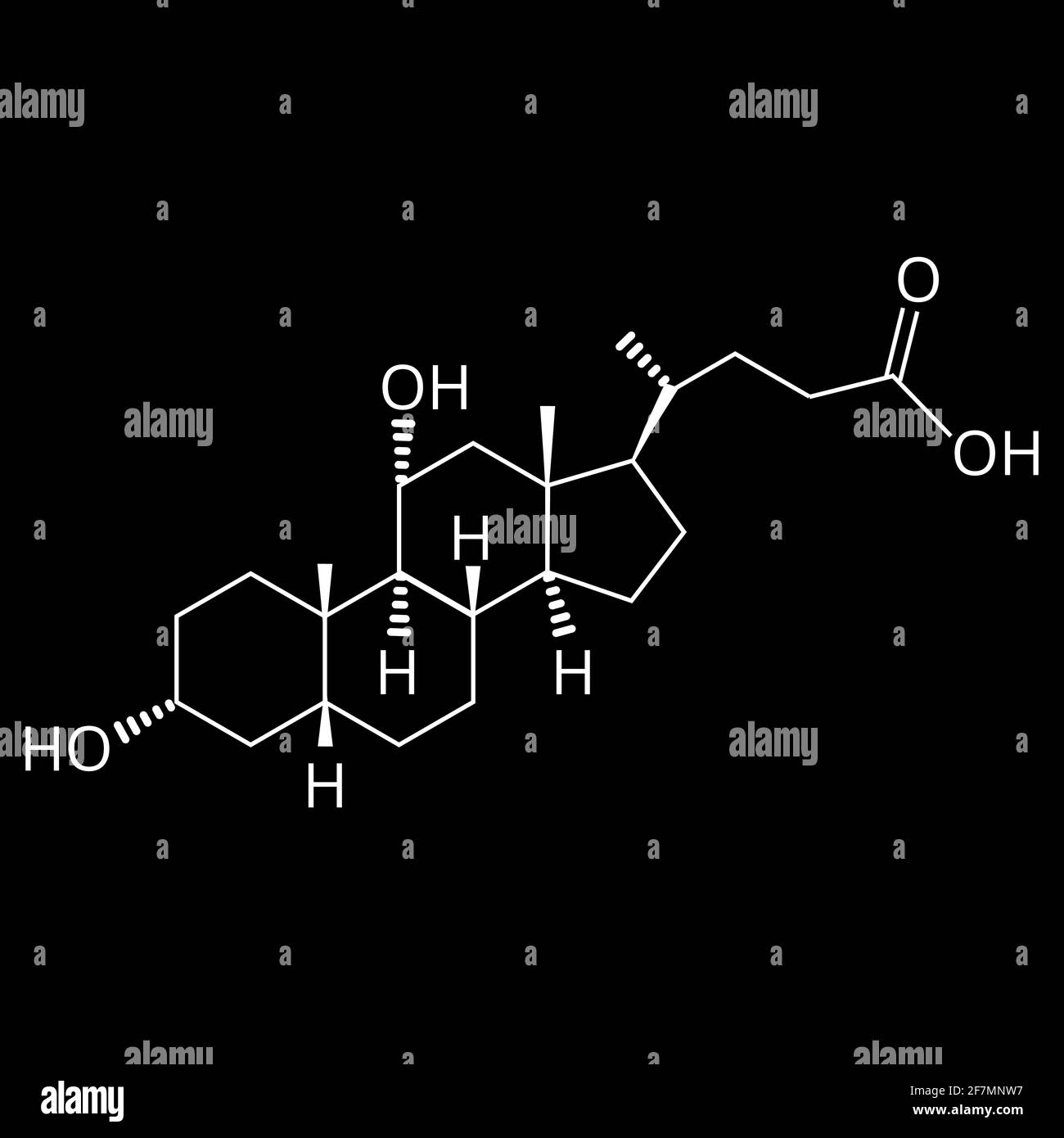 Acido chenodesossicolico. Acido biliare. Formula chimica molecolare acido chenodesossicolico. Illustrazione vettoriale su sfondo isolato Illustrazione Vettoriale