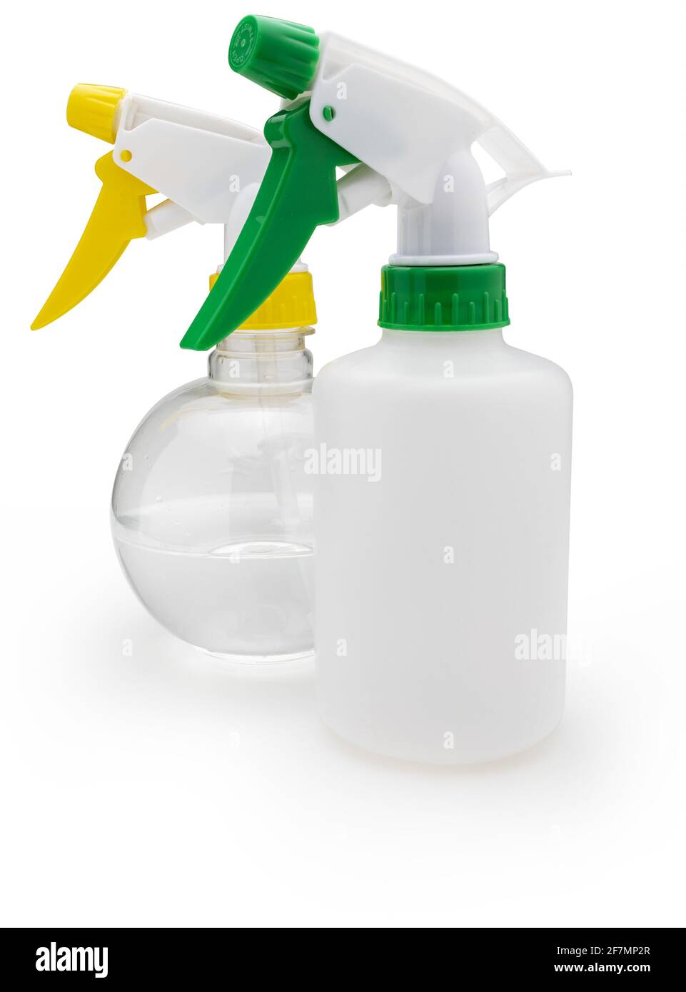 Spruzzatori di liquidi (acqua, alcool). Colore verde e giallo isolato su sfondo bianco. Foto Stock