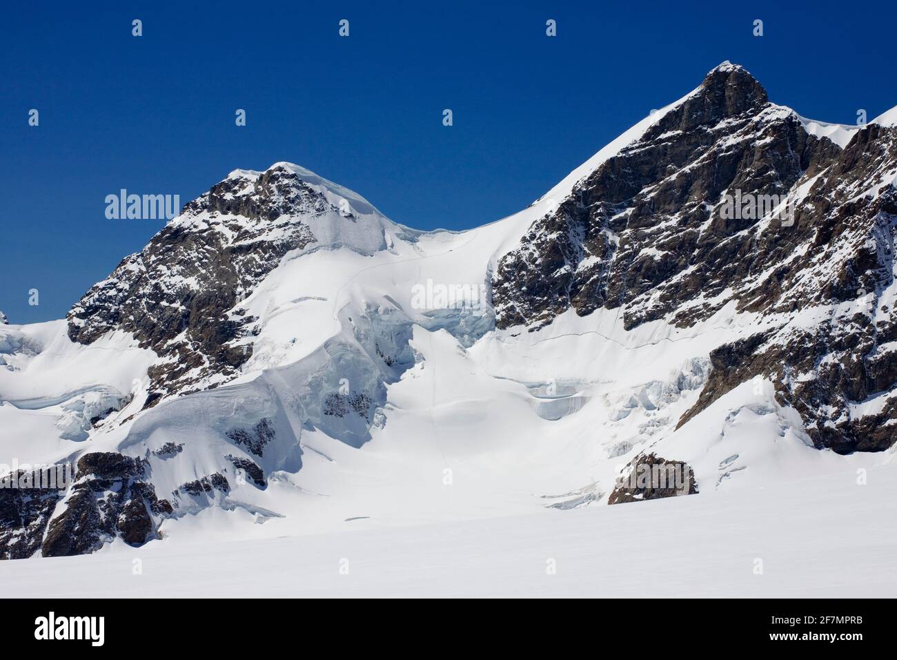 Lo Jungfrau e il suo vicino, il Rottalhorn, dal ghiacciaio Jungfraufirn, con il Rottalsattel tra: Alpi Bernesi, Svizzera Foto Stock