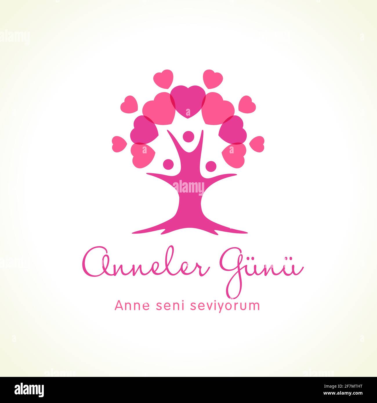 Anneler Gunu, Anne seni seviyorum, traduzione: Giornata felice della madre, turco. Biglietto d'auguri per la festa della mamma per l'albero di famiglia e il cuore rosa. Mamma mi piace Illustrazione Vettoriale