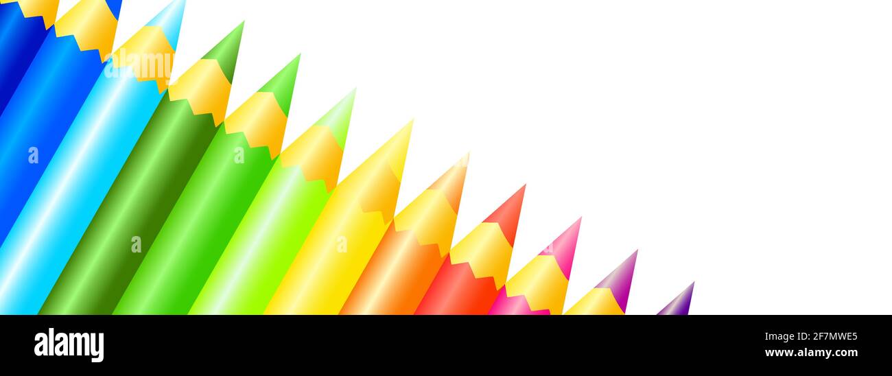 Set di matite colorate in legno su sfondo bianco. Strumenti per disegnare e creare. Illustrazione banner vettoriale Illustrazione Vettoriale