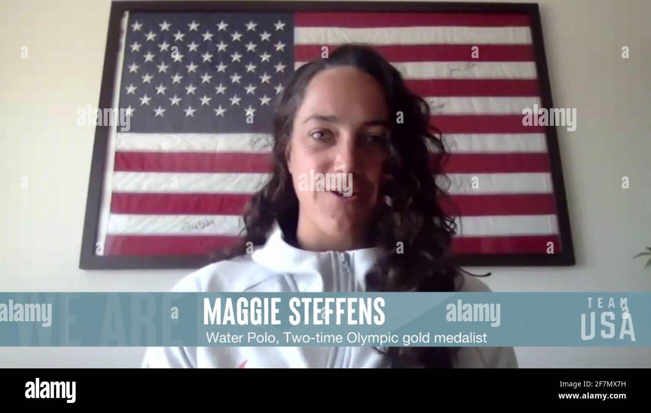 STATI UNITI. 8 aprile 2021. Maggie Steffens, polo d'acqua, due volte olimpico; due volte medaglia d'oro olimpica, Stanford University visto in uno screenshot come il Comitato Olimpico e Paralimpico degli Stati Uniti ospita il Tokyo 2020 Team USA Media Summit dal 7-9 aprile alle 8-5:00 MT tutti i giorni. L'evento è stato organizzato per presentare più di 100 Olympiani, Paralympiani e hopefuls, in rappresentanza degli organi di governo nazionali che partecipano a Tokyo 2020 attraverso una serie di conferenze stampa. (Foto di Tokyo 2020 Team USA via Credit: Sipa USA/Alamy Live News Foto Stock