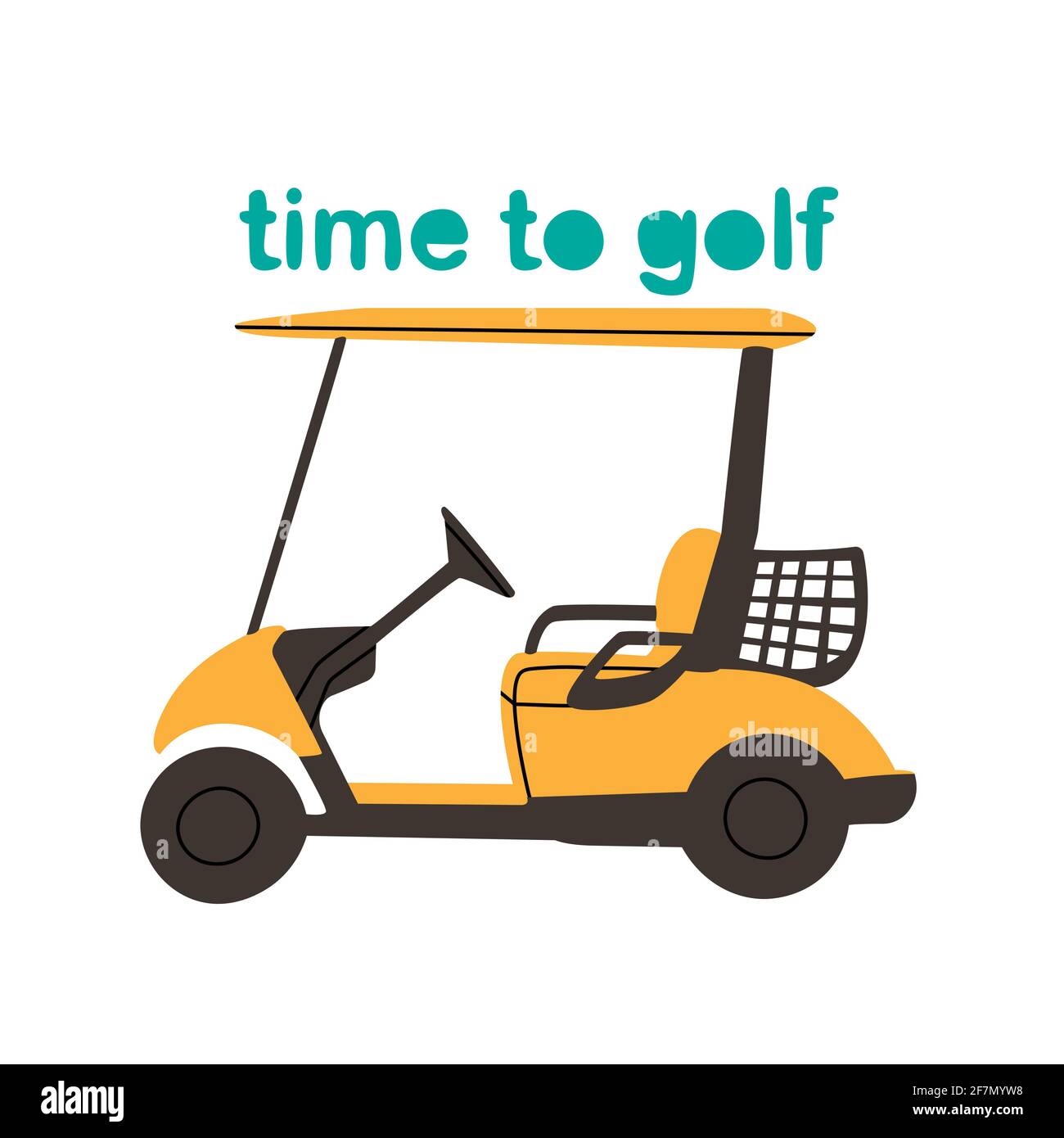 Golf buggy isolato su sfondo bianco. Dal tempo alla collezione di golf. Auto da golf gialla piatta. Illustrazione Vettoriale