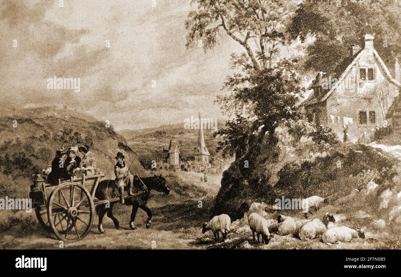 Viaggiare al mercato in un cavallo e cart inglese campagna scena all'inizio del 1800. Foto Stock