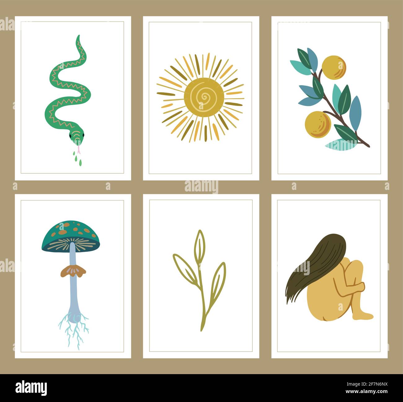 Set di poster minimalistici contemporanei in stile boho minimalista con elementi magici e mistici. Illustrazione Vettoriale