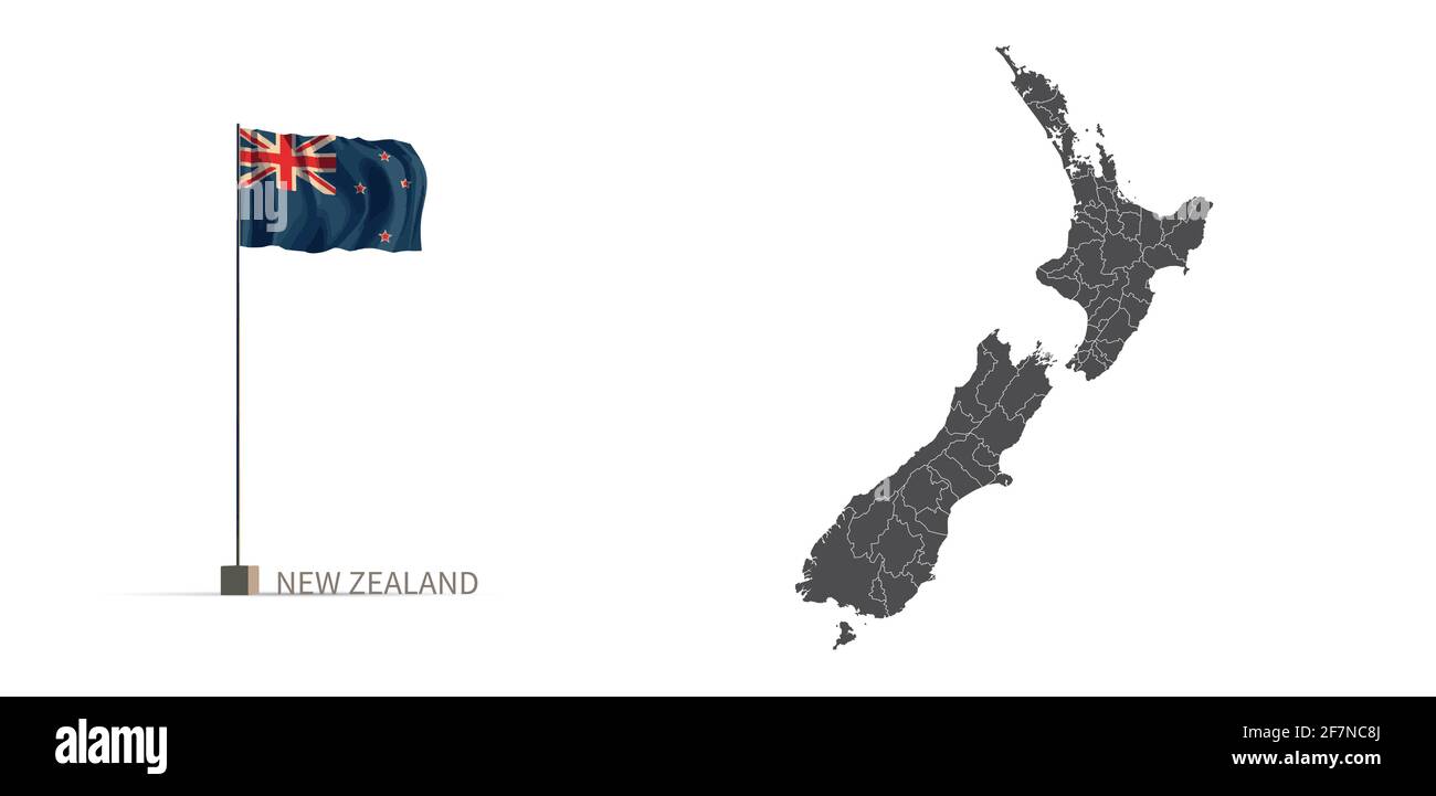 Mappa della Nuova Zelanda. Mappa dei paesi grigi e vettore di illustrazione 3D della bandiera. Illustrazione Vettoriale