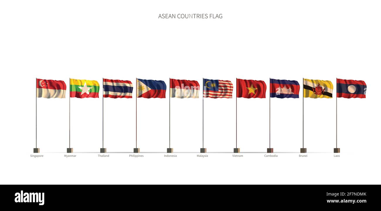 Bandiera ASEAN. Asia Union Paesi bandiera serie vettore di illustrazione 3d. Illustrazione Vettoriale