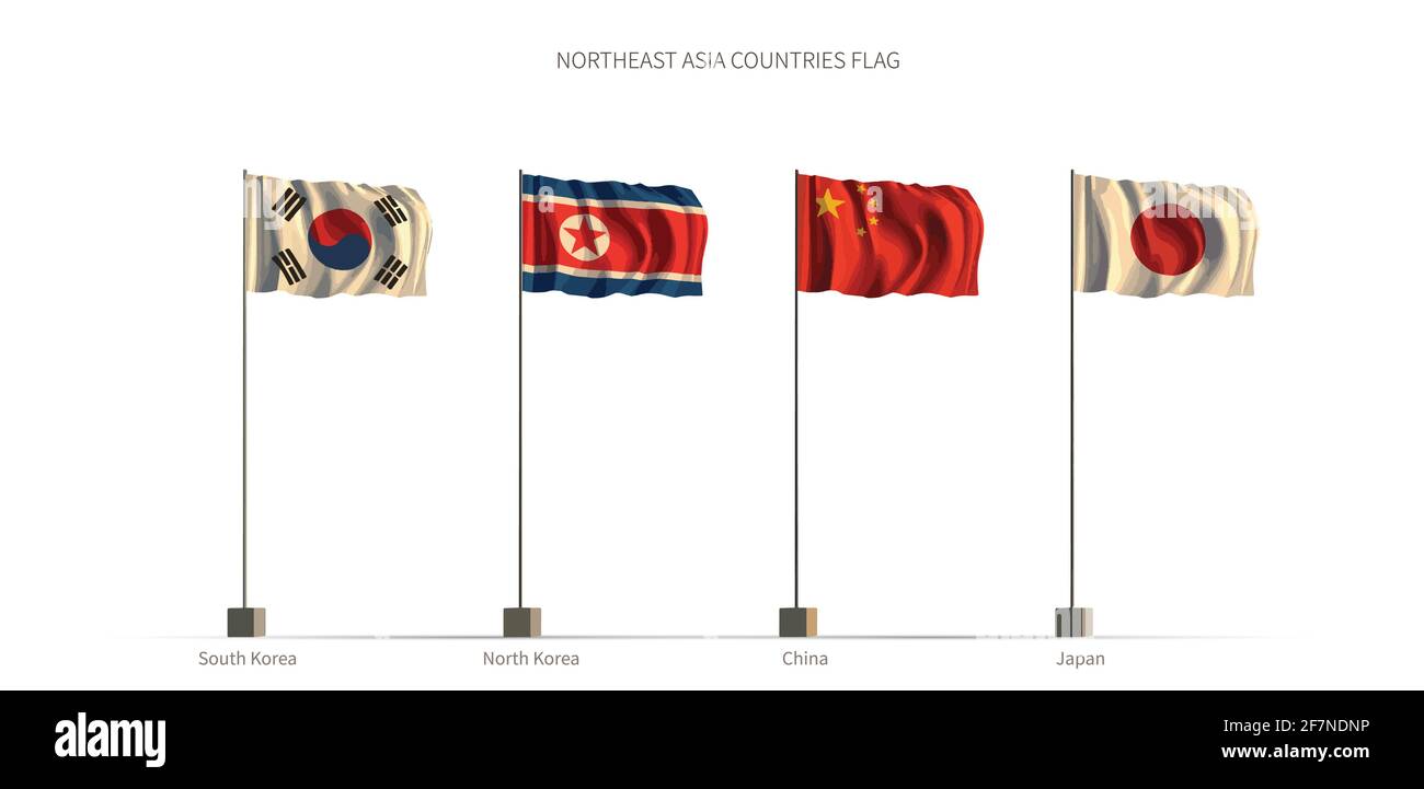 Bandiera dei paesi dell'asia nord-orientale. Vettore di illustrazione 3d della serie di bandiere dei paesi asiatici. Illustrazione Vettoriale