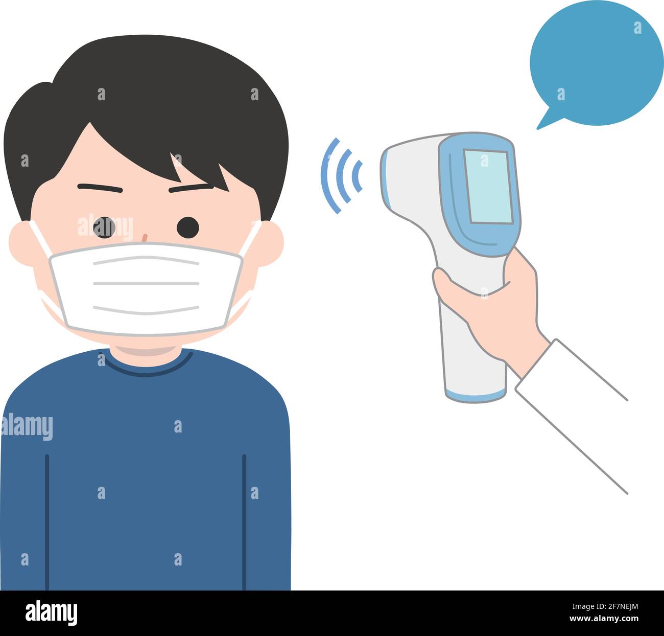 Un uomo che indossa una maschera è controllato la sua temperatura utilizzando un termometro a infrarossi fronte pistola per coronavirus. Illustrazione vettoriale isolata sul retro bianco Illustrazione Vettoriale