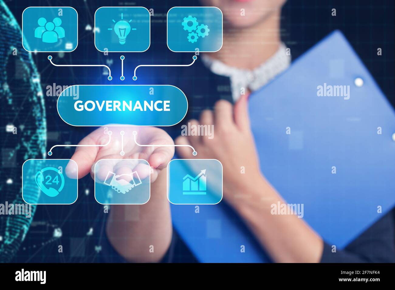 Business, tecnologia, Internet e concetto di rete. Giovane uomo d'affari che lavora su uno schermo virtuale del futuro e vede l'iscrizione: Governance Foto Stock